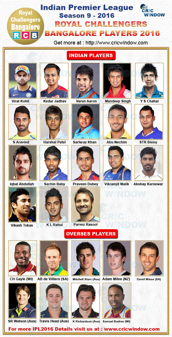 ipl 2016 Bangalore squad