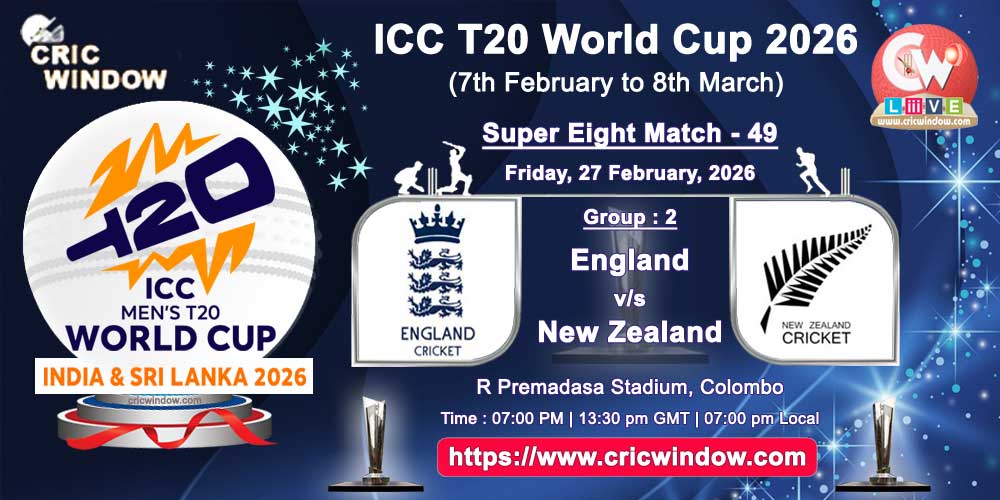 England vs New Zealand ICC T20 Worldcup super eights match live 2026