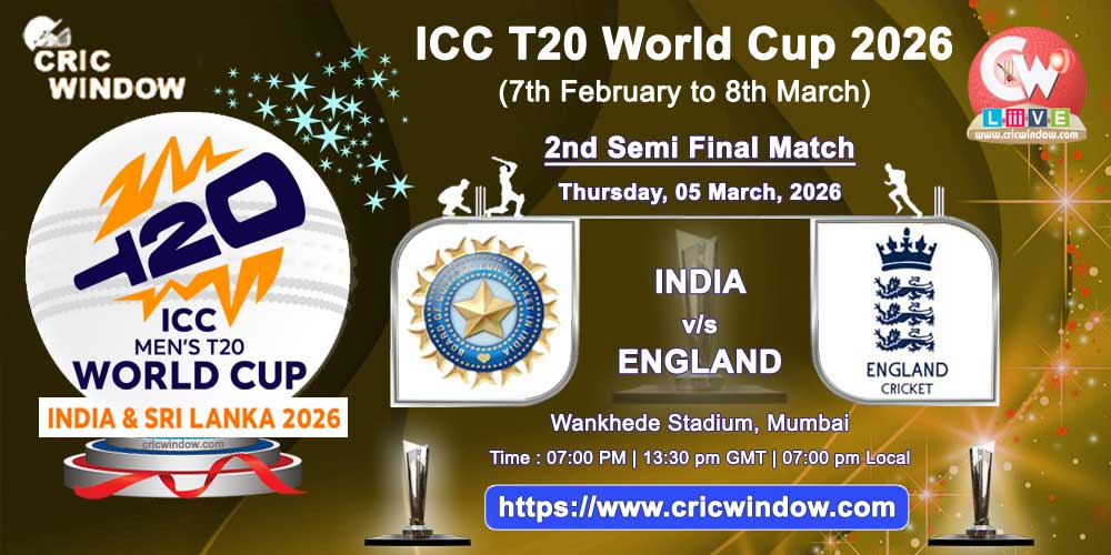 2nd Semi Final India vs England ICC T20 Worldcup match live 2026