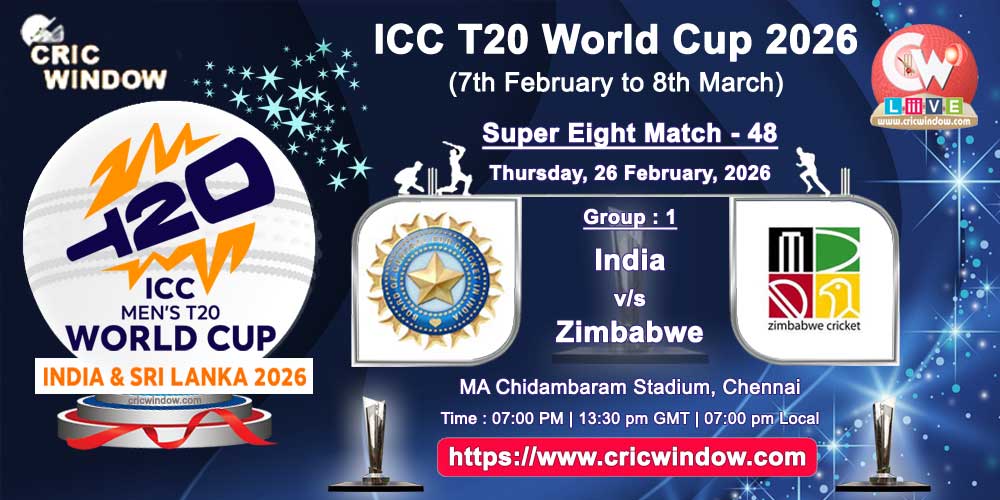 India vs Zimbabwe ICC T20 Worldcup super eights match live 2026
