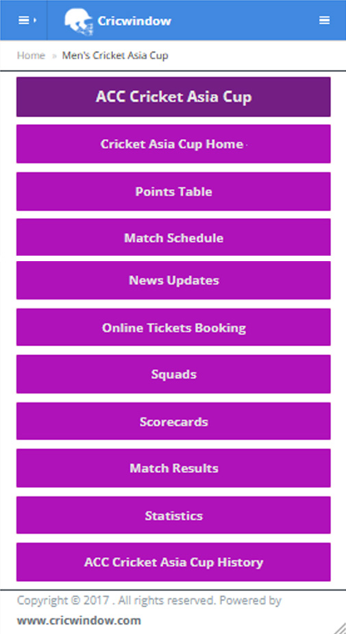 Cricwindow mobile application ACC Asia Cup page