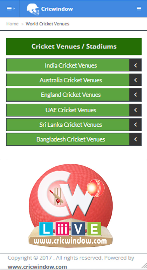Cricwindow mobile application Cricket Venues page