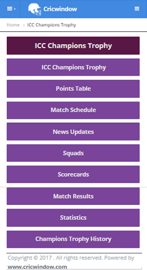 Cricwindow mobile application ICC Champions Trophy page