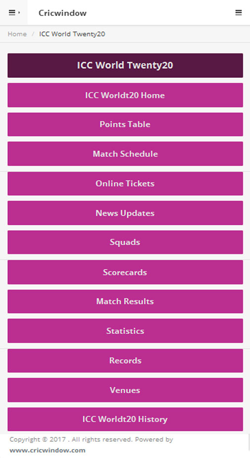 cricwindow mobila app ICC Worldt20 page