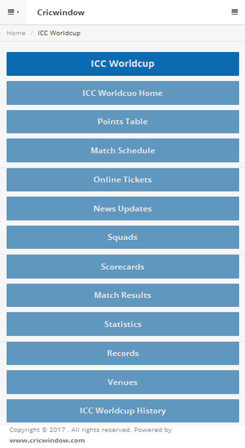 Cricwindow mobile application ICC Worldcup page