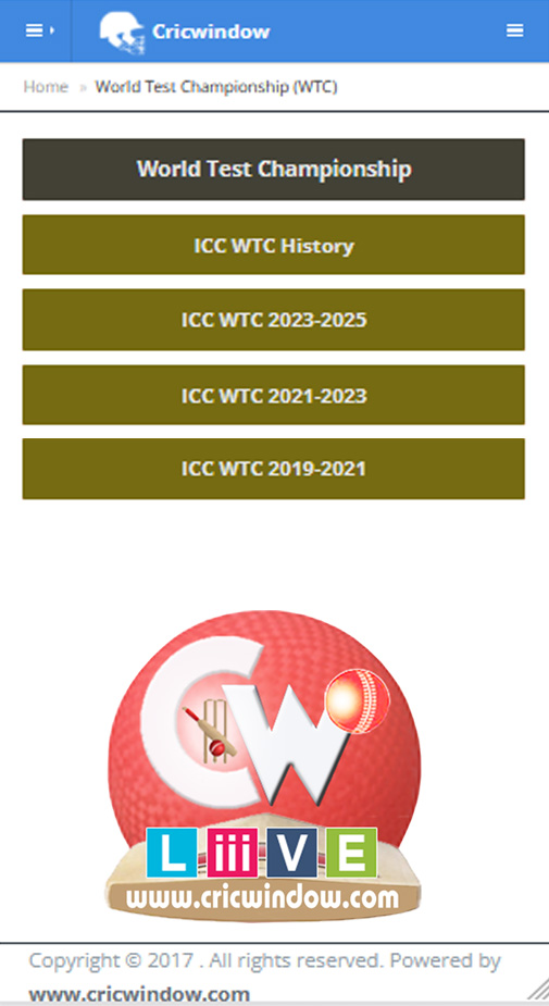 Cricwindow Mobile Application ICC WTC page