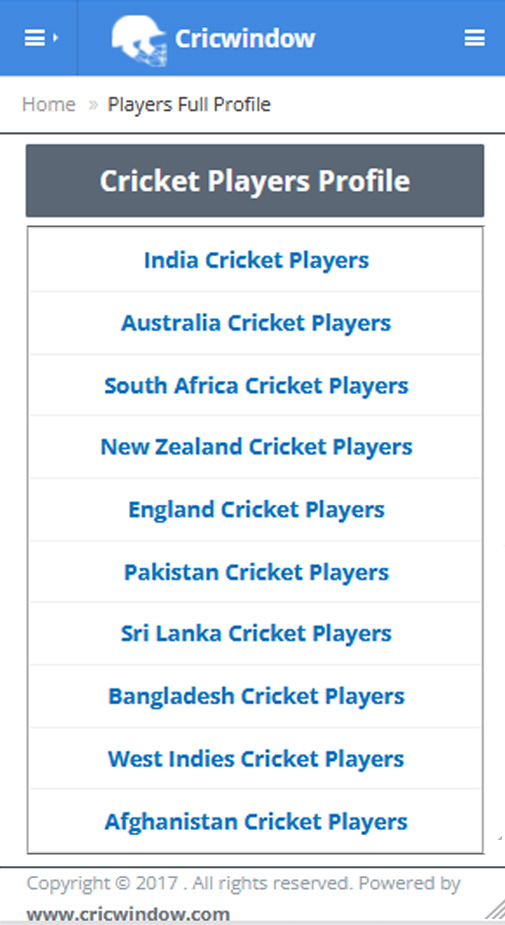 Cricwindow mobile application Players Profile page